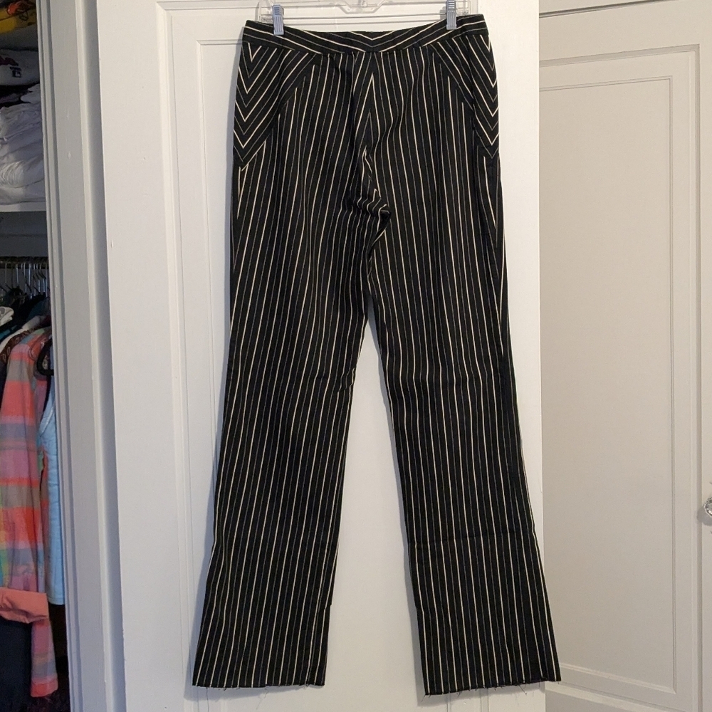Nicole Miller Y2K Low Rise Black White Beige Striped Pants Long 12 Addams Family - Picture 6 of 12